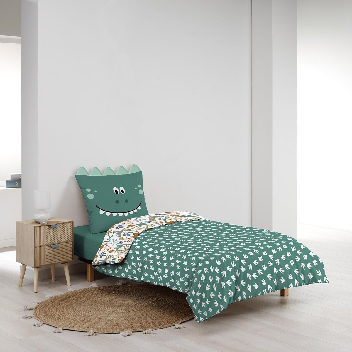 Parure de lit enfant réversible 140x200 coton imprimée Dina vert, DOUCEUR D'INTÉRIEUR