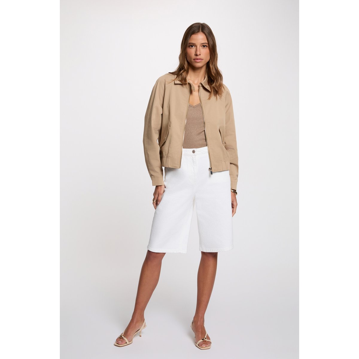 Blouson court col ouvert beige, MORGAN