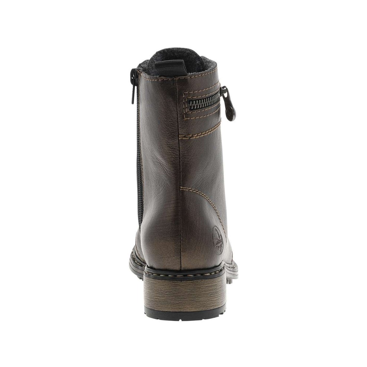 Bottines en cuir enduit bronze à talon décroché bas avec des lacets et un zip bronze, RIEKER