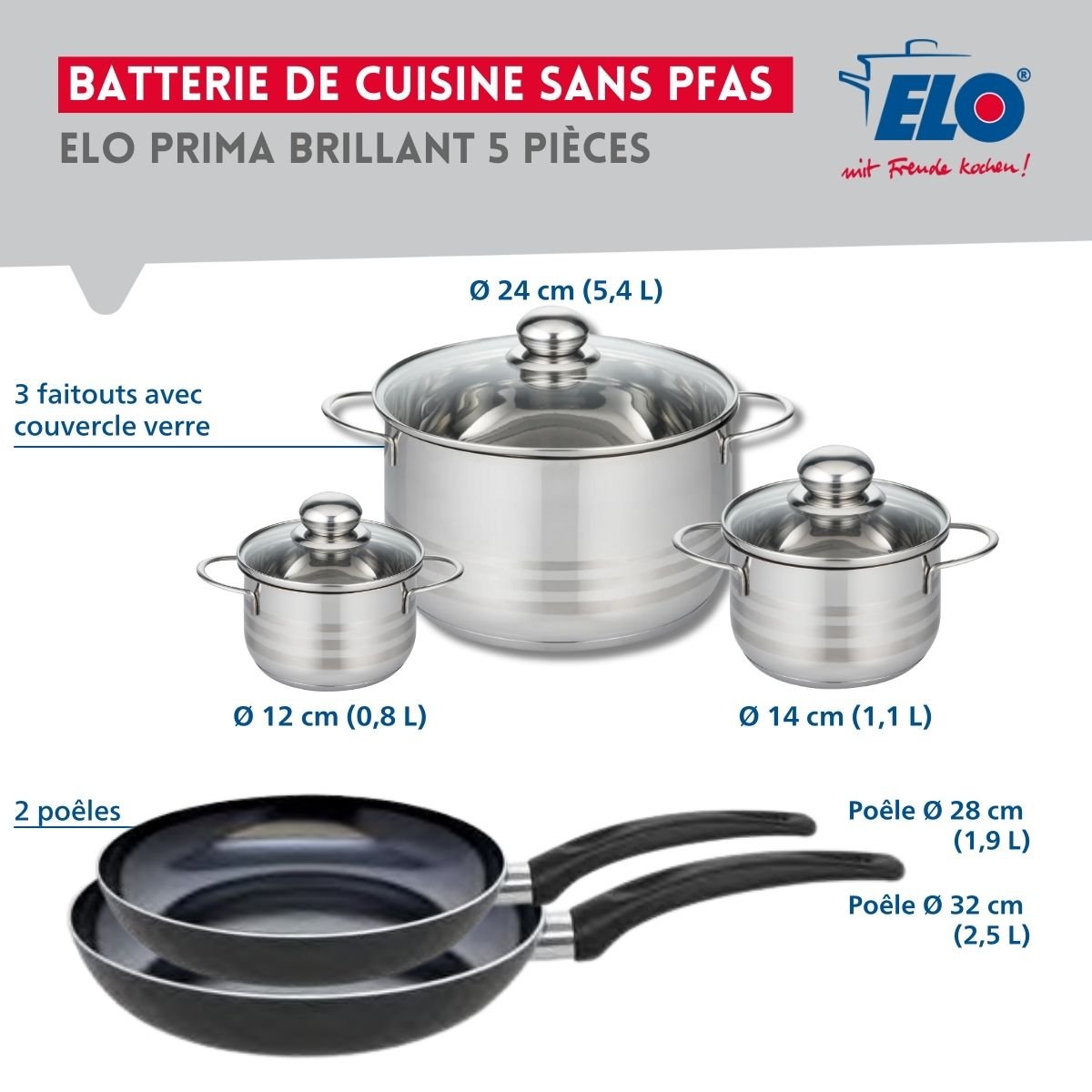 Batterie 2 poêles 28/32cm + 3 faitouts 12/14/24cm PRIMA BRILLANT noir, ELO
