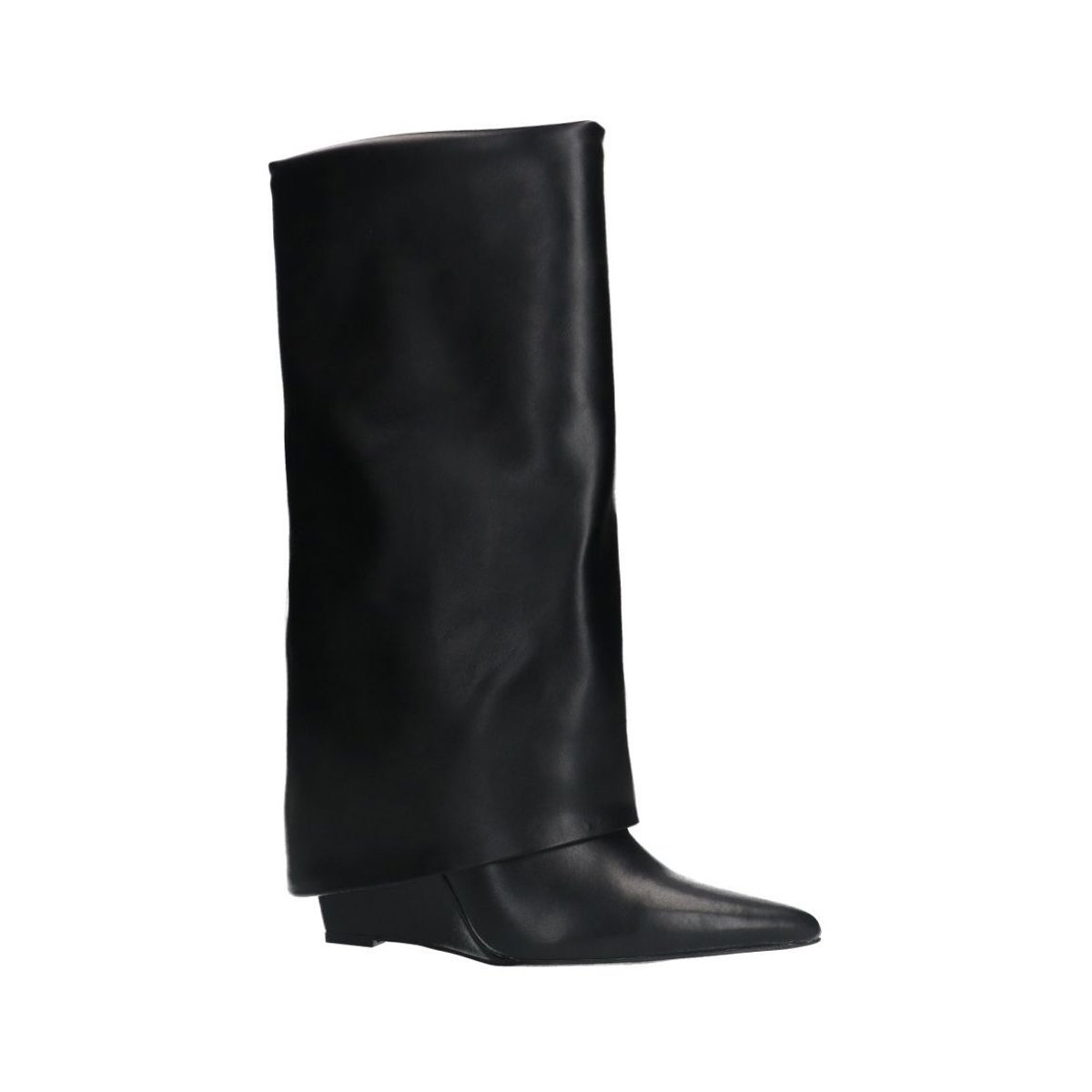 Bottes hautes à talon compensée en cuir à rabat noir, SACHA