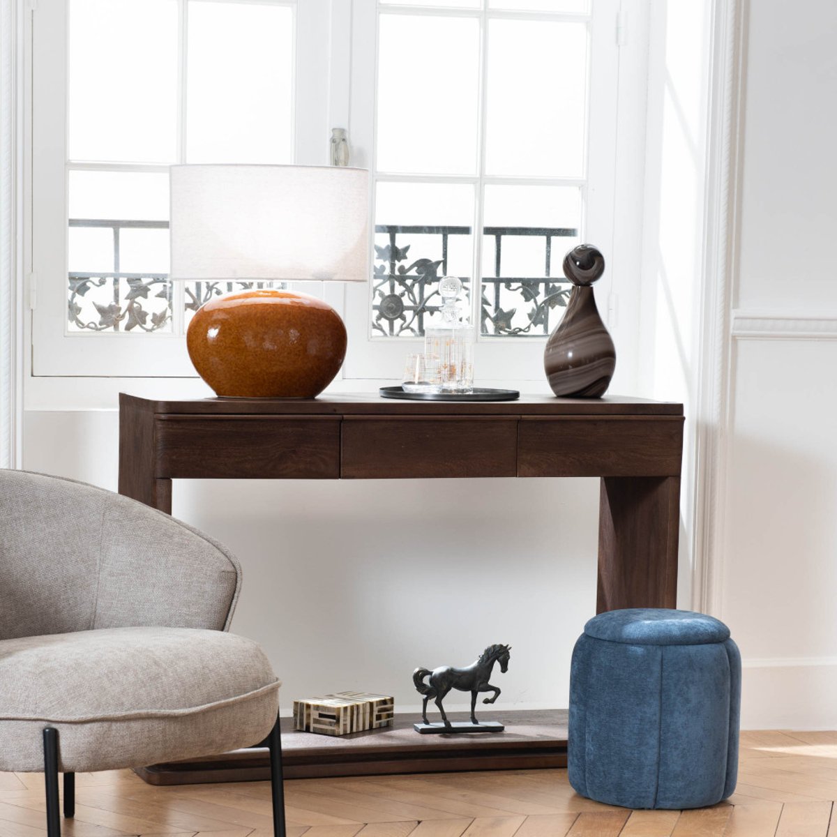 Pouf rond en tissu Ø36 cm Olivia bleu, AMADEUS