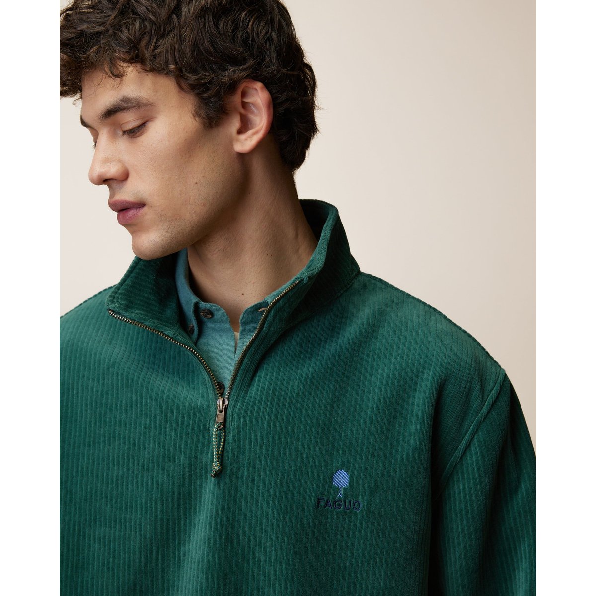 Sweat en maille aspect velours côtelé vert grisé, FAGUO