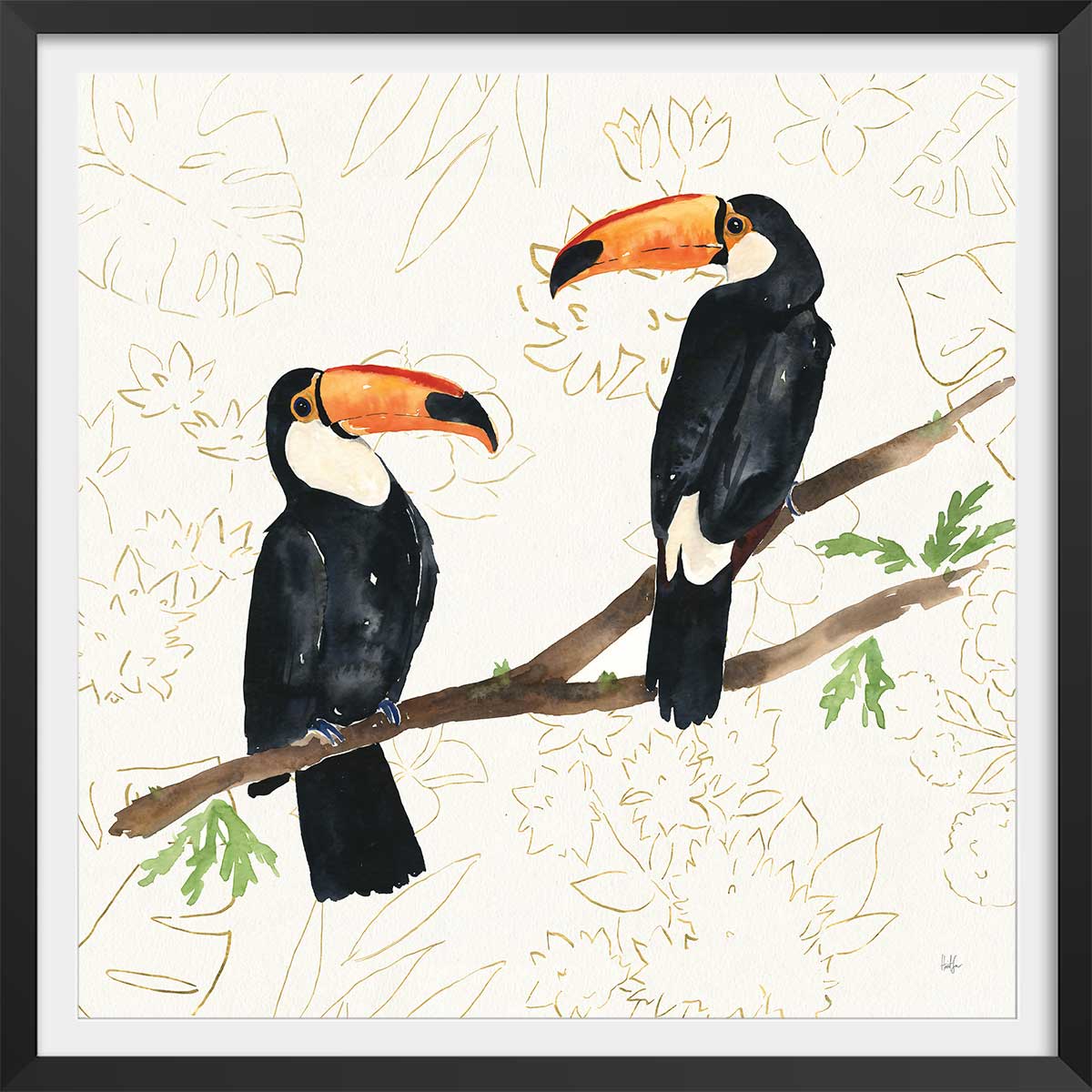 Affiche Joyeux oiseaux tropicaux affiche + cadre en bois - noir, HEXOA