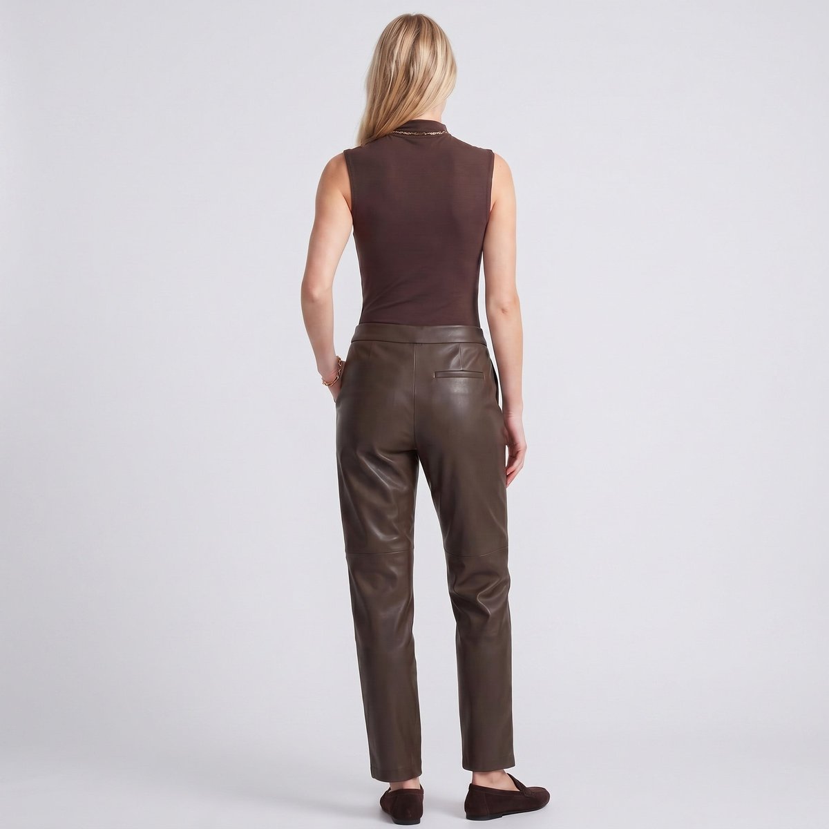 Pantalon cigarette simili-cuir avec ceinture semi-élastique JORDANA marron, ARTLOVE