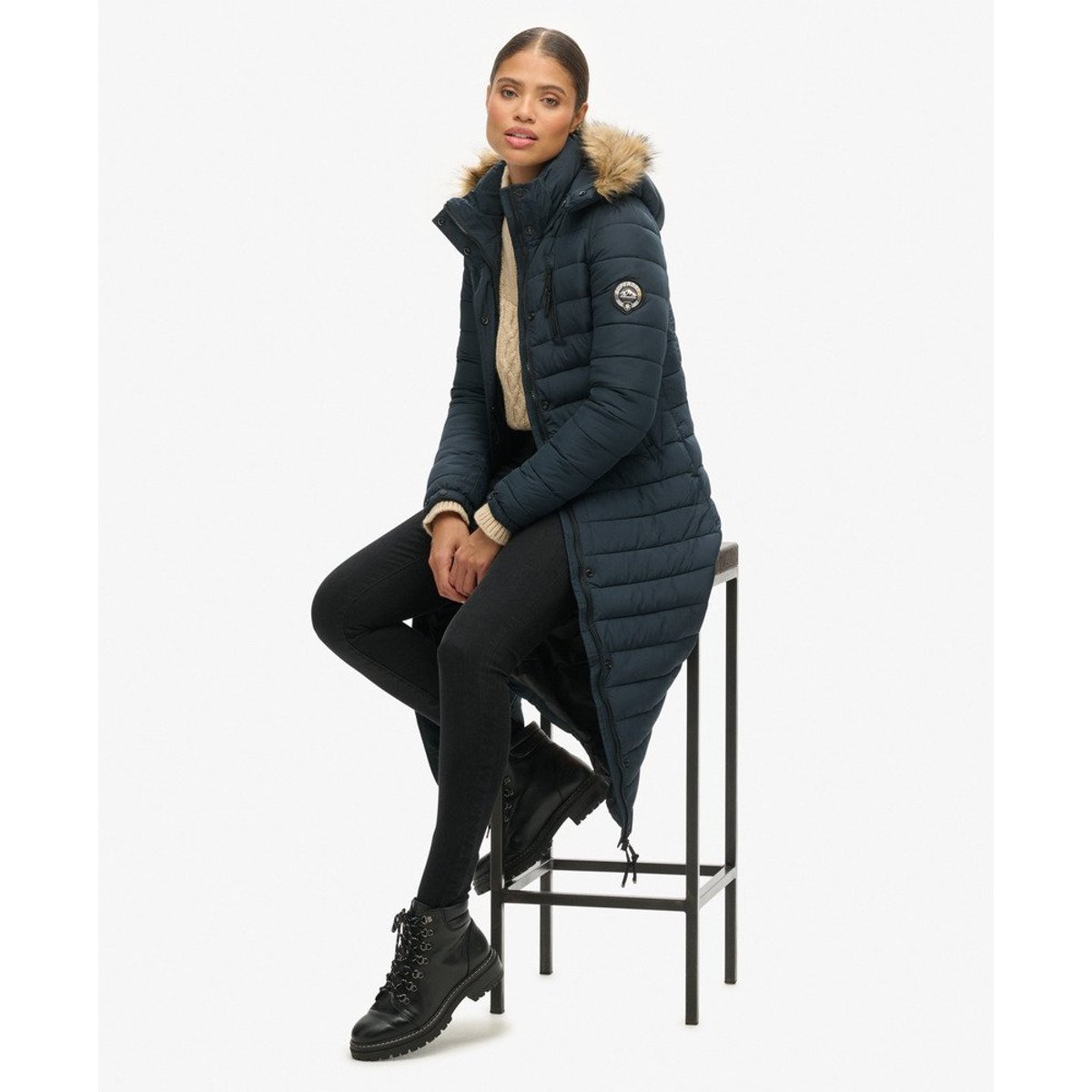 Doudoune longue et légère à capuche avec imitation fourrure bleu marine éclipse, SUPERDRY