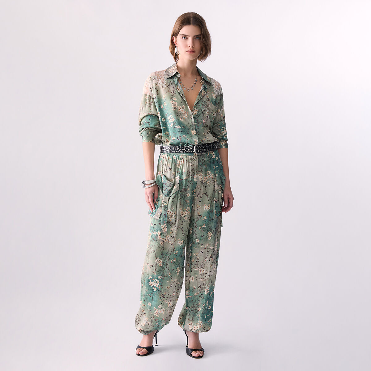 Chemise en satin imprimé bleu clair à fleurs, LIU JO