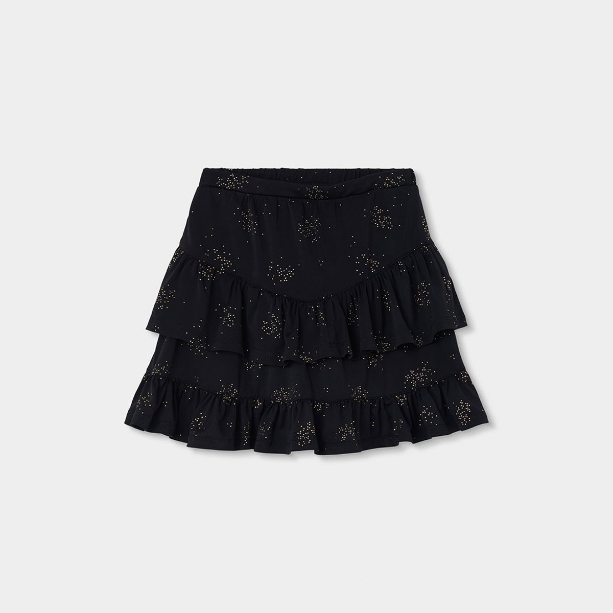 Jupe fille en maille imprimée avec étoiles et volants noir, BOBOLI