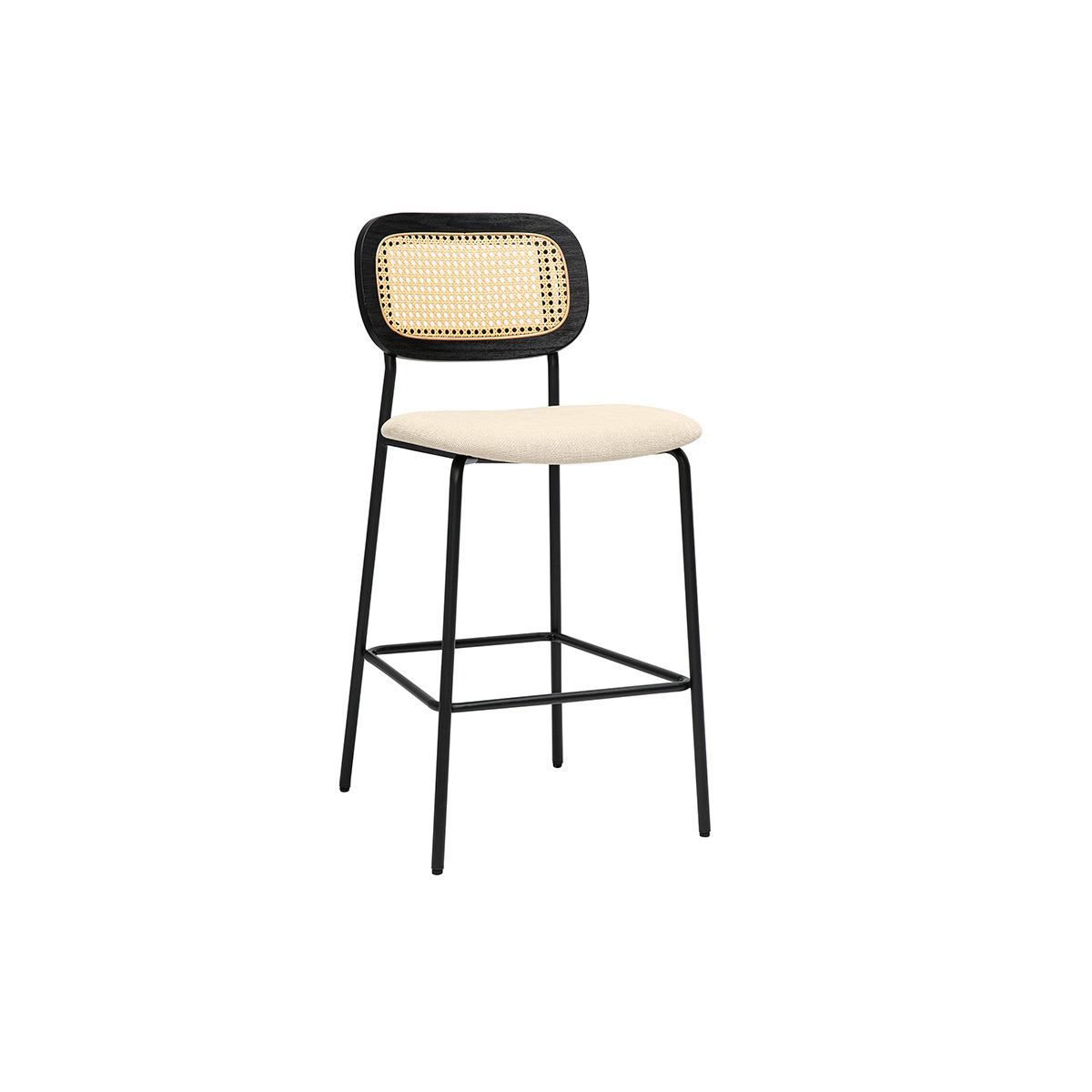Tabourets design en tissu effet velours texturé terre brulée, métal noir et cannage rotin (lot de 2) MIRANDA beige, MILIBOO
