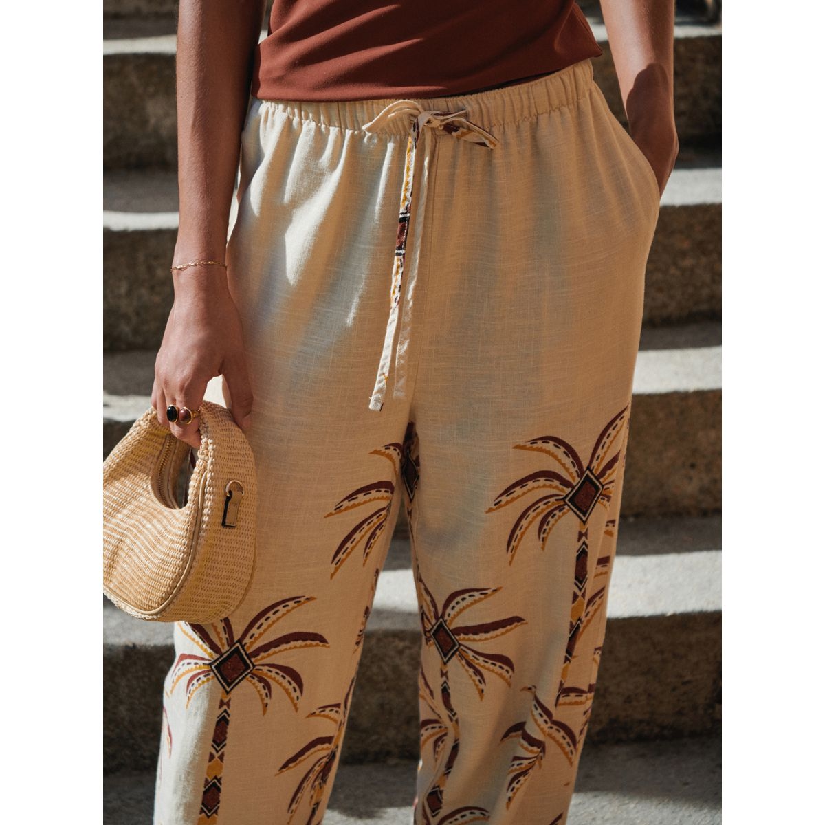 Pantalon bouffant en lin mélangé imprimé palmier beige, NEXT