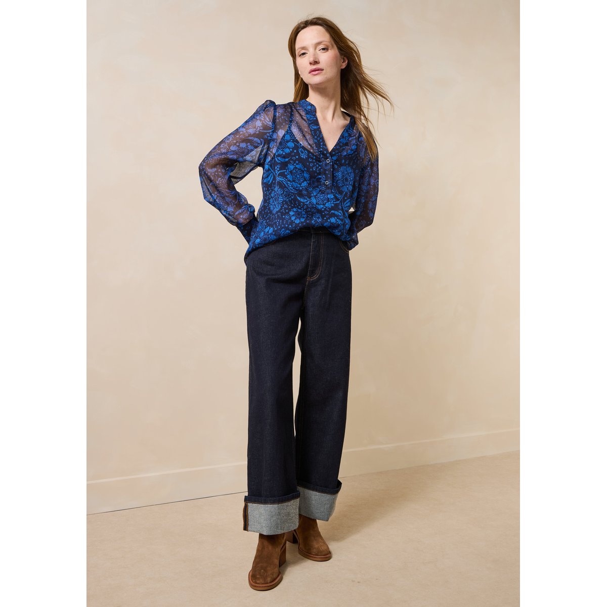 Top en voile imprimé floral manches longues bleu, LA FEE MARABOUTEE