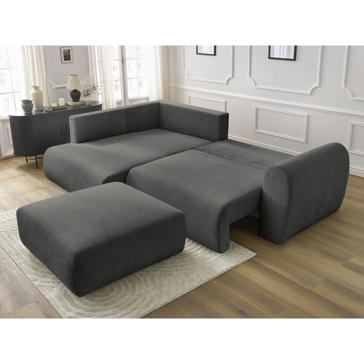 Canapé d'angle convertible 4 places en tissu lisse avec pouf, LUCIEN gris foncé, BOBOCHIC