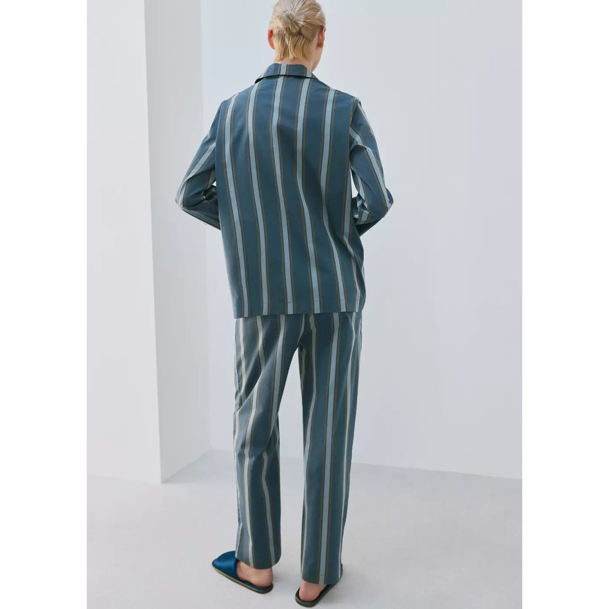 Chemise de pyjama à manches longues motifs rayés turquoise, MANGO