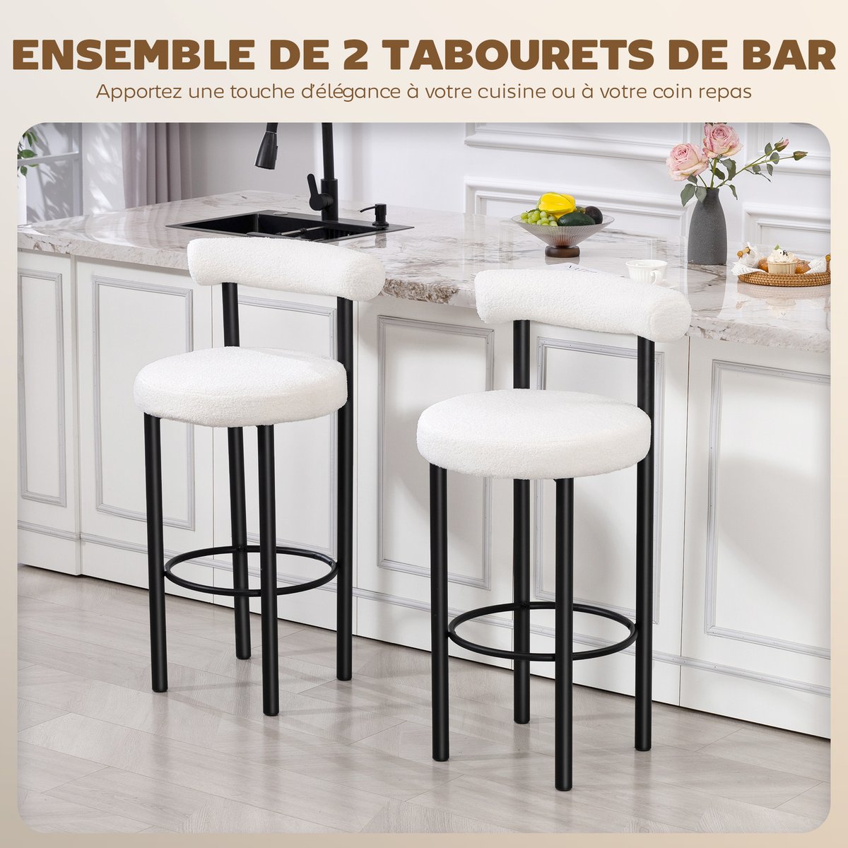 Tabouret de bar Tissu bouclette Blanc blanc, noir, HOMCOM