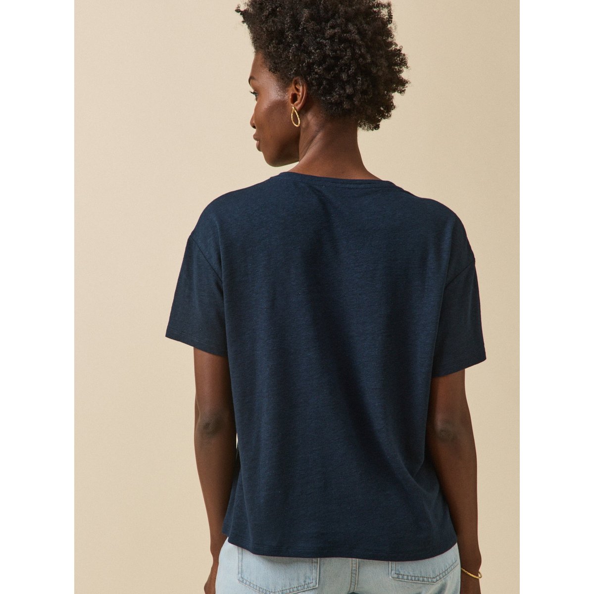 T-shirt col V  lin et viscose encre, CYRILLUS