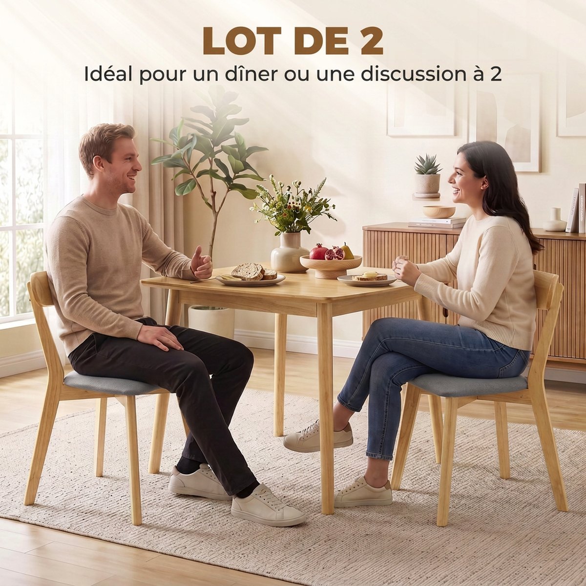 Chaise de salle à manger Tissu effet lin (100 gris et bois naturel, HOMCOM