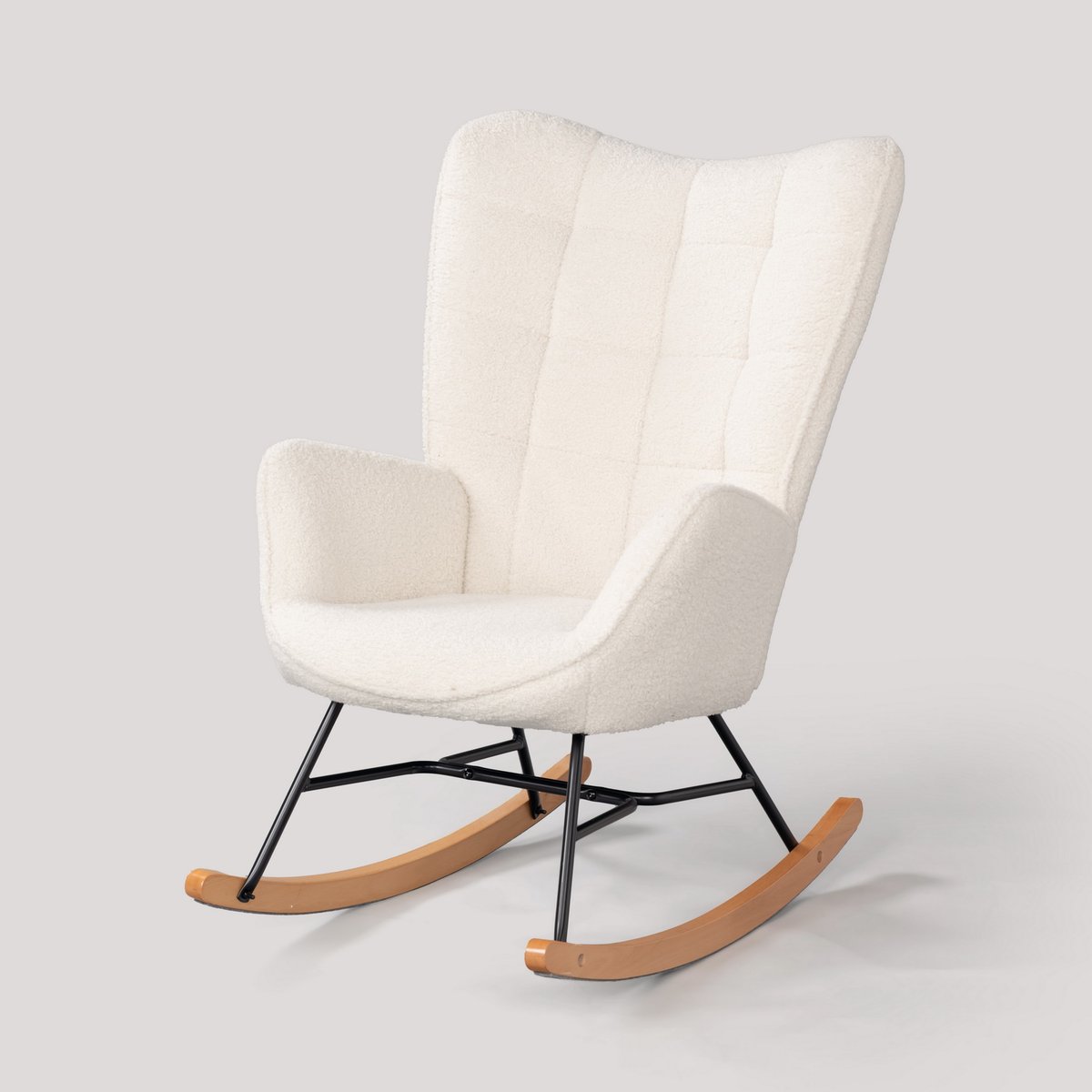Fauteuil à bascule rocking chair style scandinave pieds en hêtre en tissu bouclette, FUNKEL blanc, MEUBLES COSY