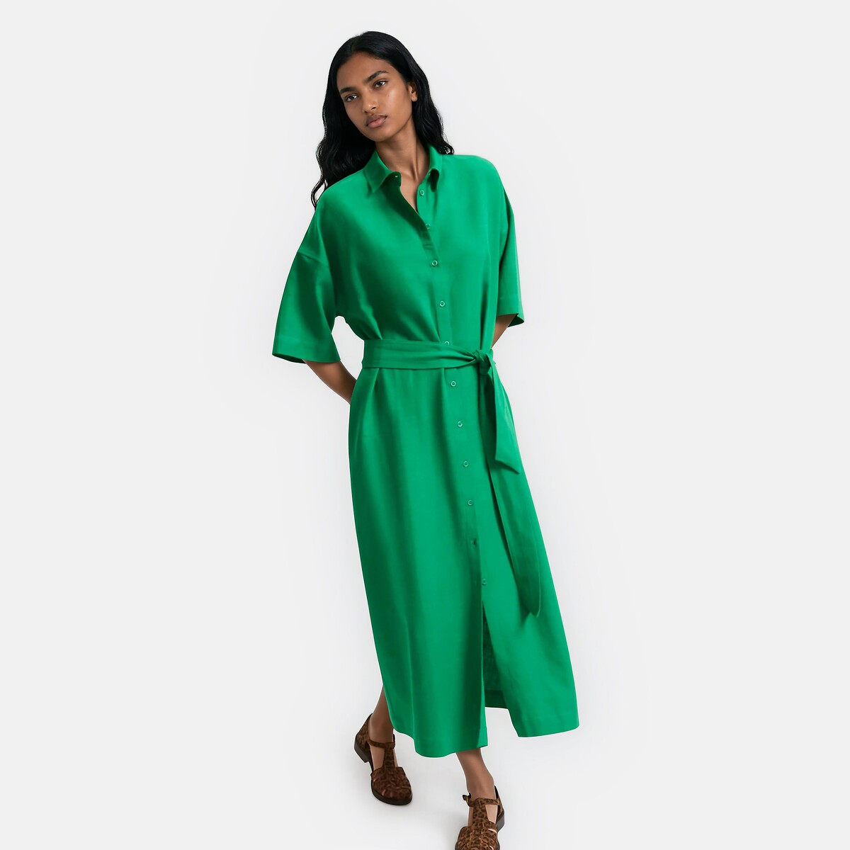 Robe chemise longue manches coudes ceinturée vert, LA REDOUTE COLLECTIONS
