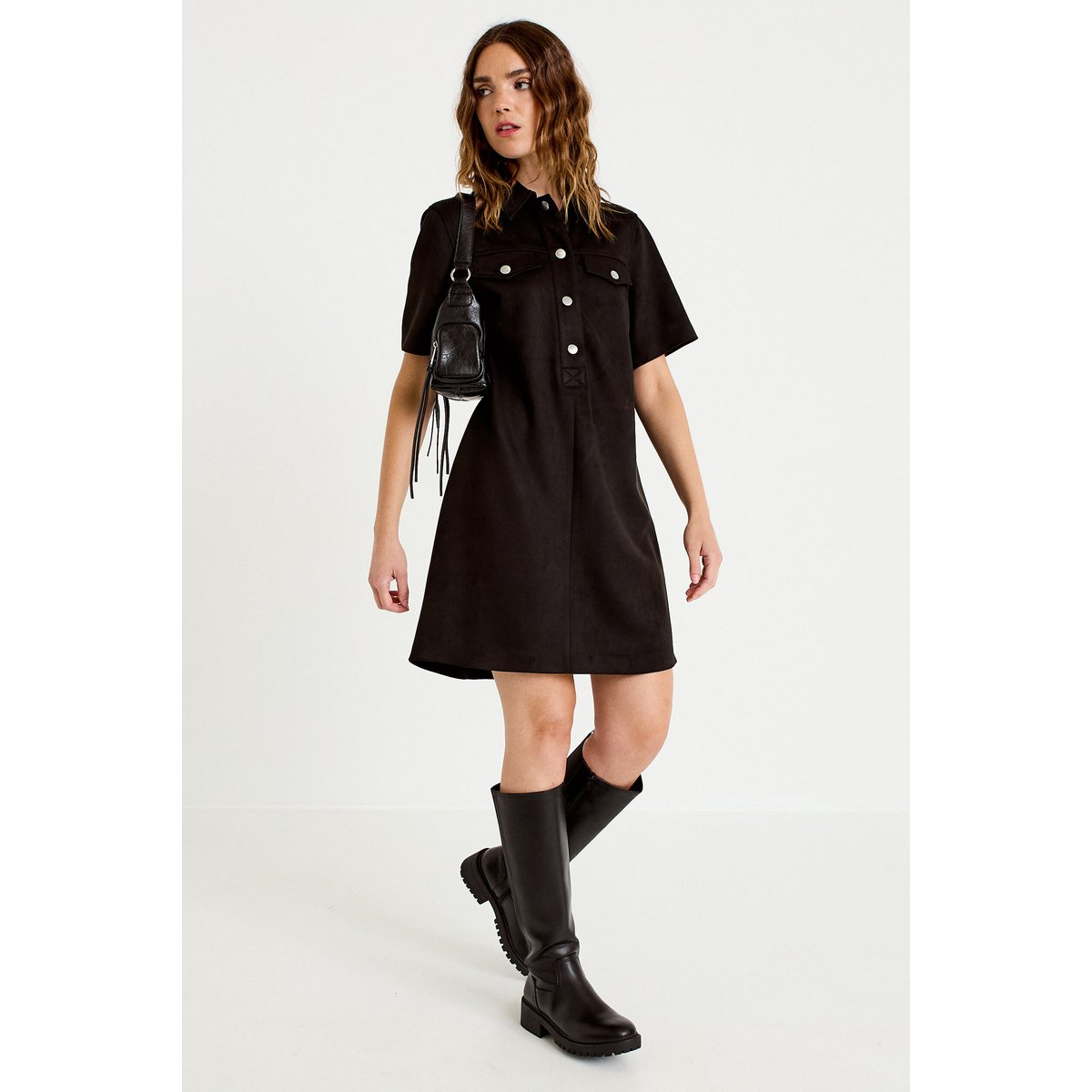 Robe droite 3/4 manches courtes daim noir, CACHE CACHE
