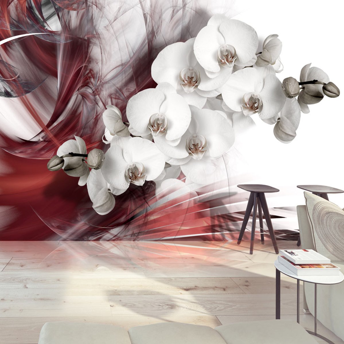 Papier peint intissé panoramique Fleurs Orchid in red rouge, EDEN