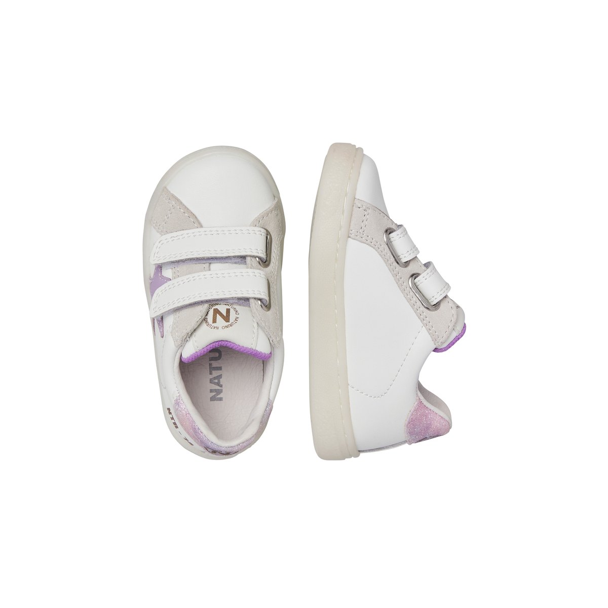 Baskets en cuir et en daim PINN VL. blanc-lilas, NATURINO