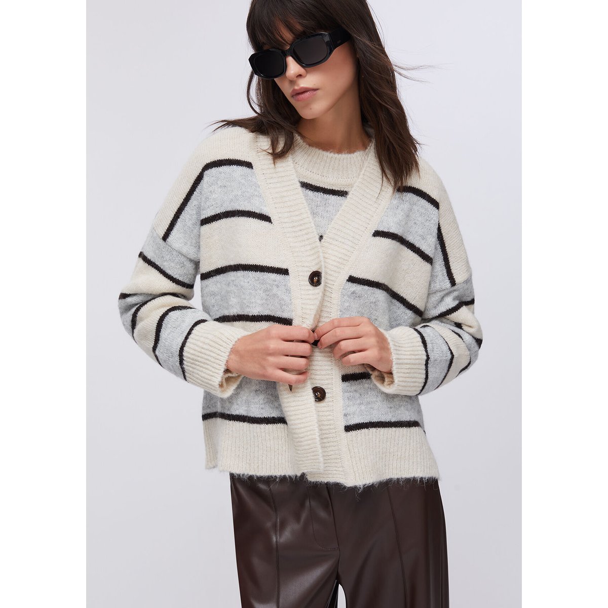 Cardigan à rayures en laine et alpaga gris et beige, LIU JO