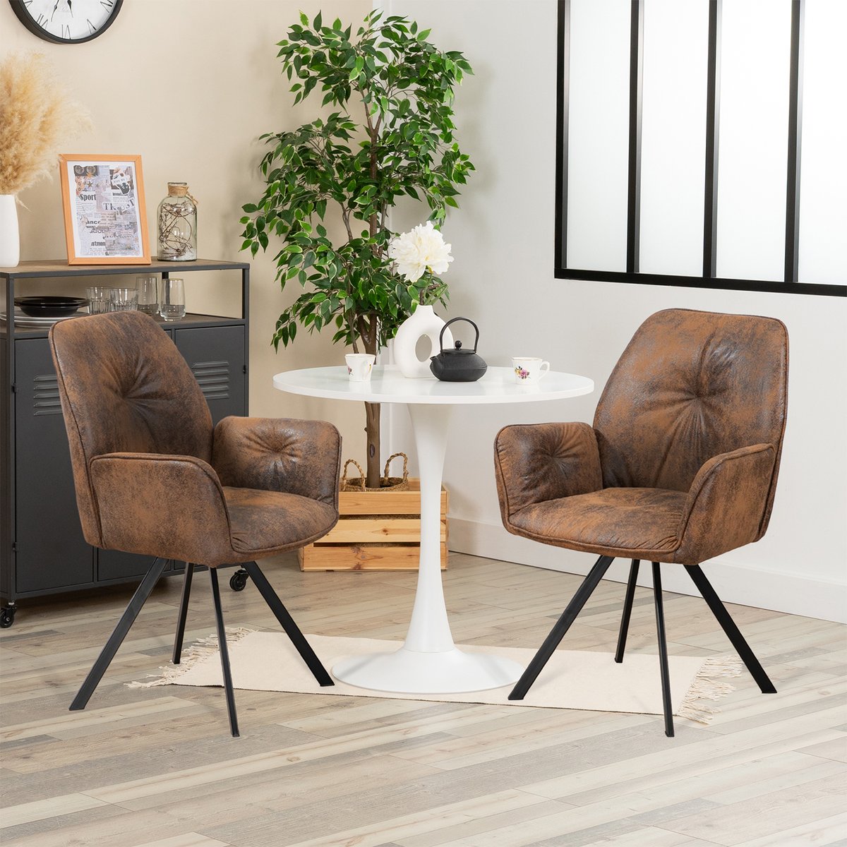 Ensemble table à manger ronde avec 2 chaises, CLIFTWHITESET brown, MEUBLES COSY
