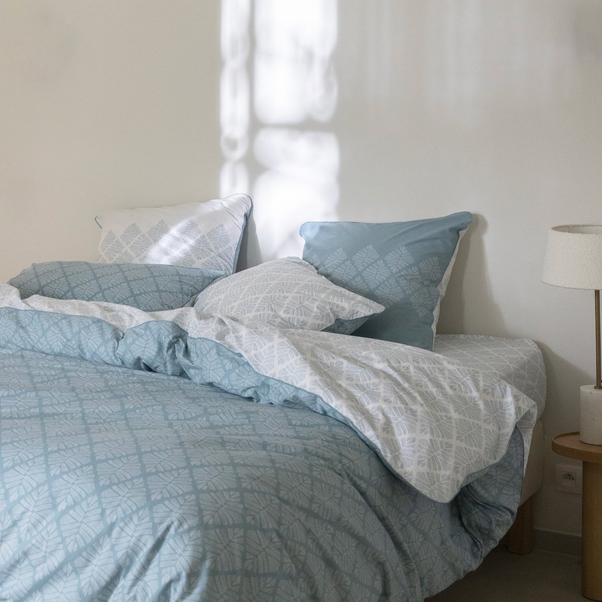 Housse de couette en percale de coton, POINTE DE DOUCEUR bleu orage, BLANC CERISE