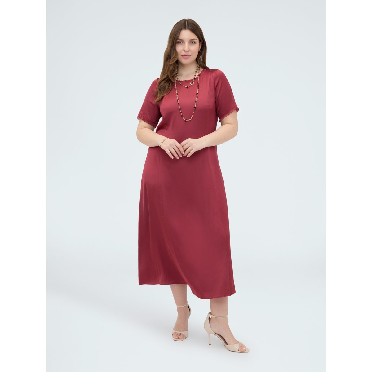 Robe ligne A avec détails effilochés rouge, FIORELLA RUBINO