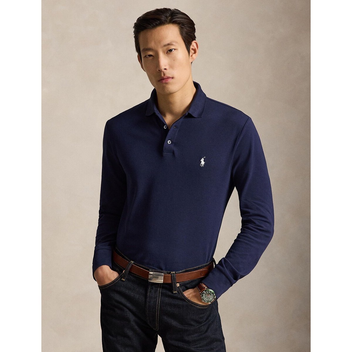 Polo en piqué, CUSTOM SLIM FIT bleu marine, POLO RALPH LAUREN