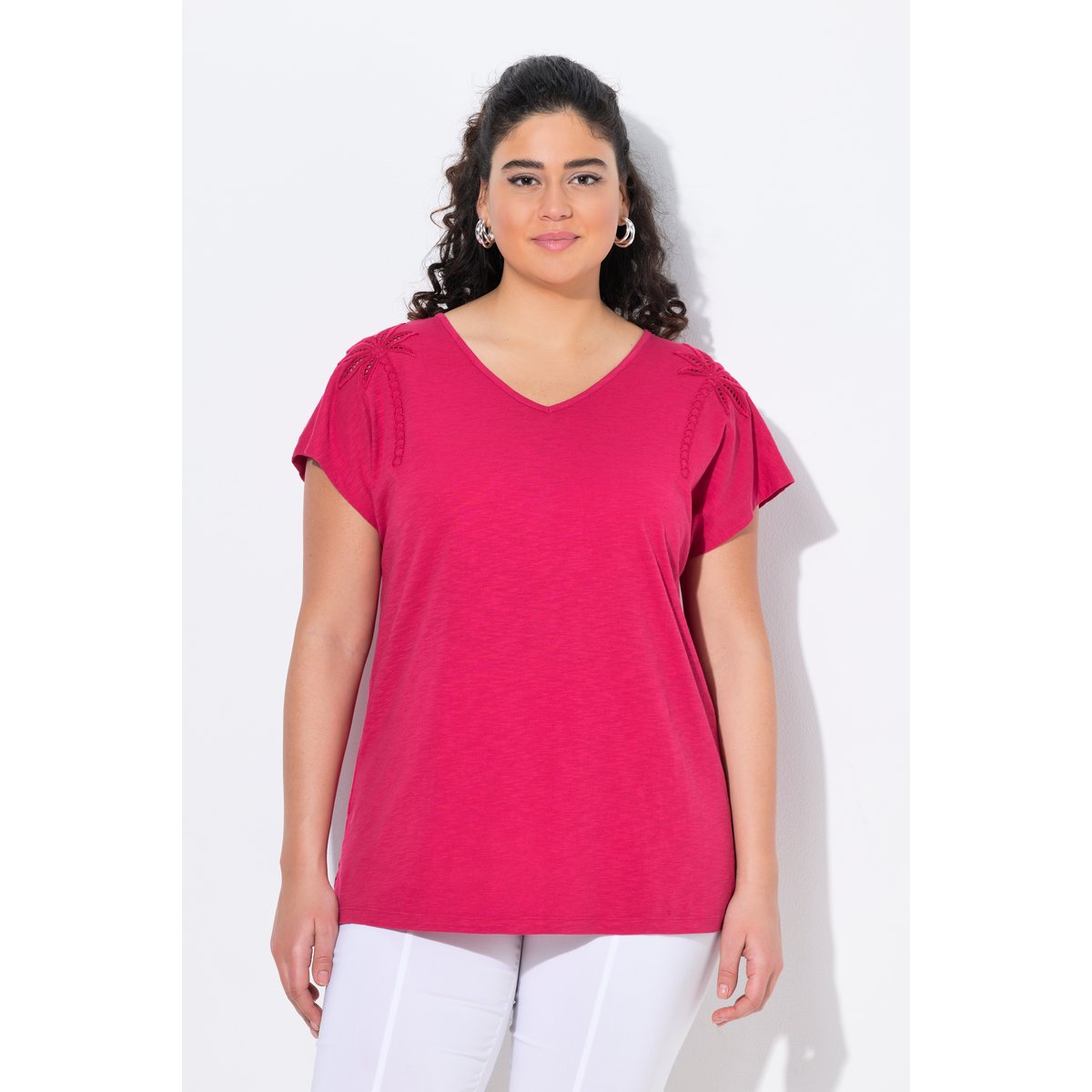 T-shirt, motif palmiers, oversize, col V framboise foncé, ULLA POPKEN