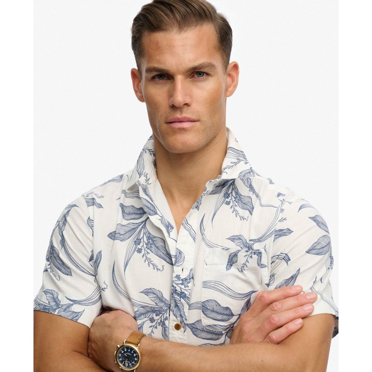 Chemise à manches courtes Vintage Loom feuilles de canna bleu chine, SUPERDRY
