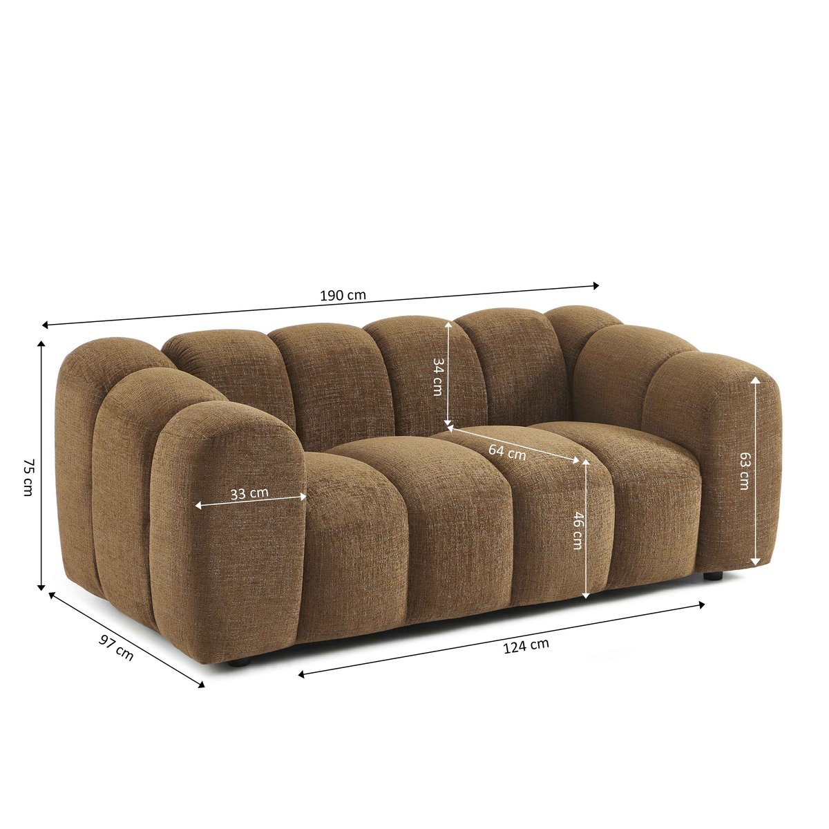 Canapé droit 2 places en tissu SUNNY marron, SORELH