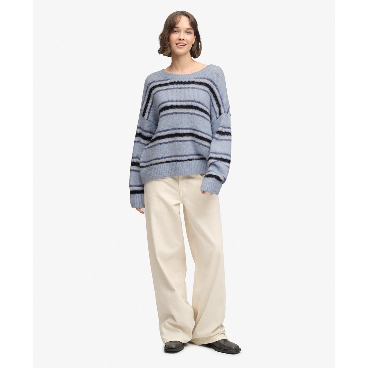 Pull Maille Rayée Coupe Décontractée rayure brume bleue, SUPERDRY