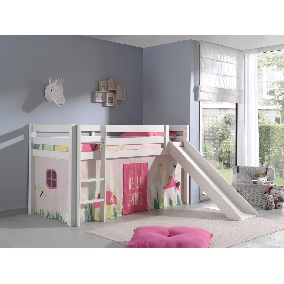 PINO Lit mezzanine avec toboggan + Rideau de lit Spring couleur unique, VIPACK