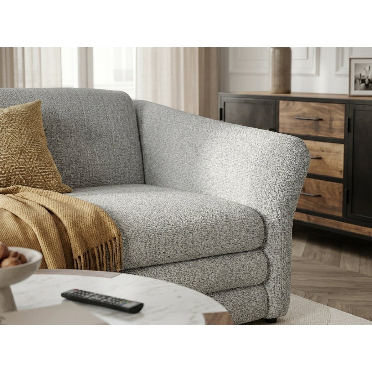 Canapé d'angle fixe 4 places en tissu chiné, MARBLE gris, BOBOCHIC