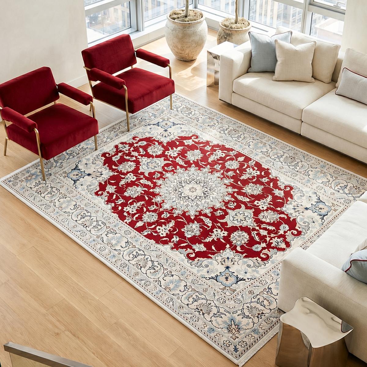 Tapis d'orient, motif oriental authentique, noué main, NAIN 24 rouge, bleu, crème, UN AMOUR DE TAPIS