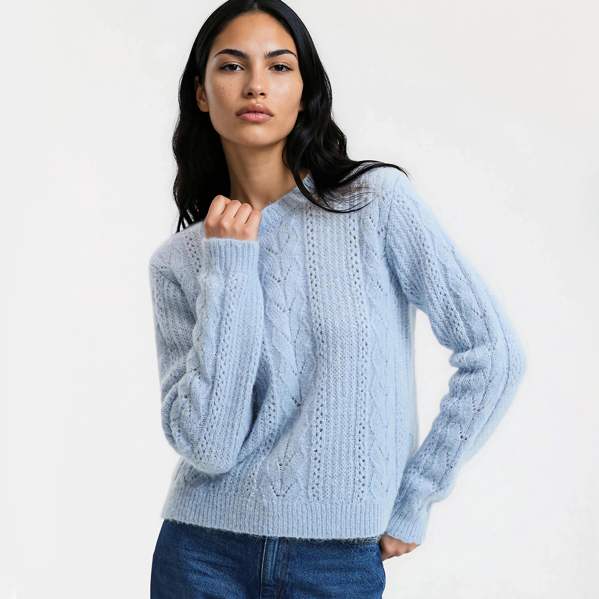 Pull en maille ajourée, laine et alpaga mélangés bleu ciel, LA REDOUTE COLLECTIONS