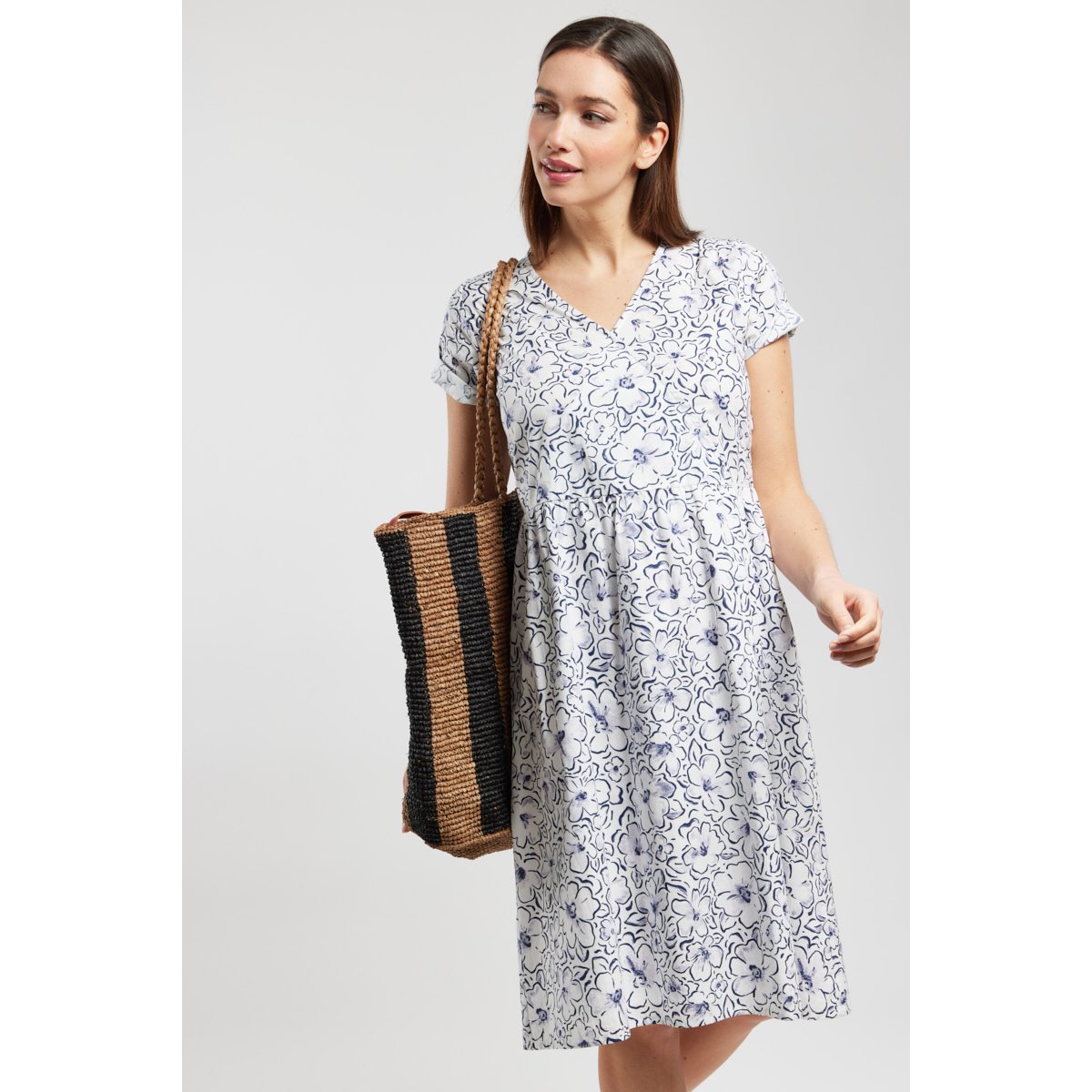 Robe cache-coeur fleurie en coton imprimé fleuri blanc/seal, ARMOR-LUX