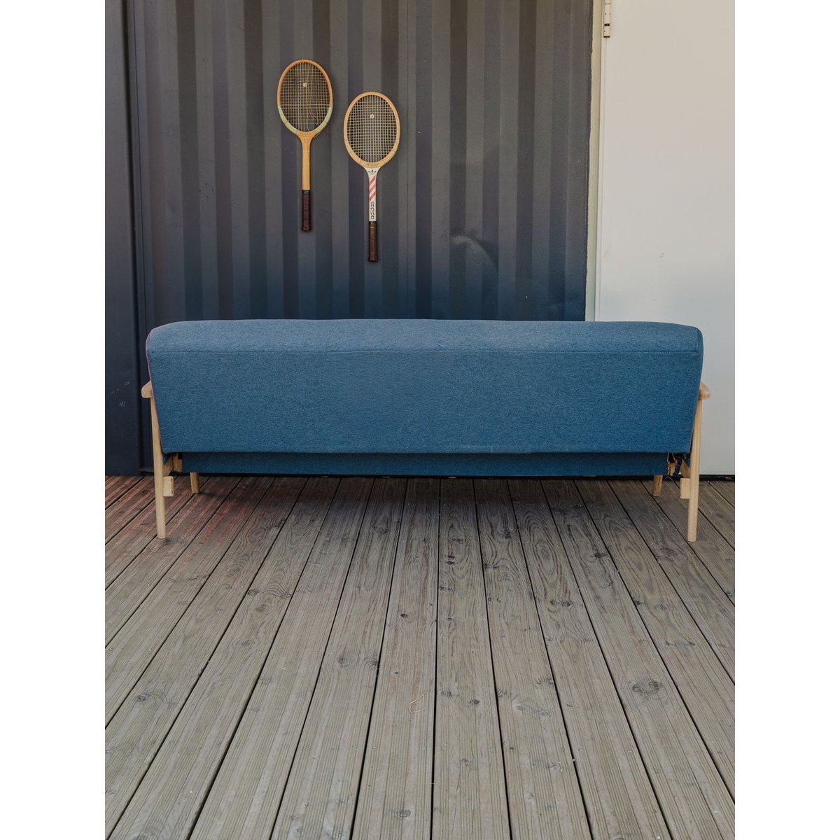 Banquette en bois et tissu bleu Clara N°140 - Bon état bois clair, DEBONGOUT