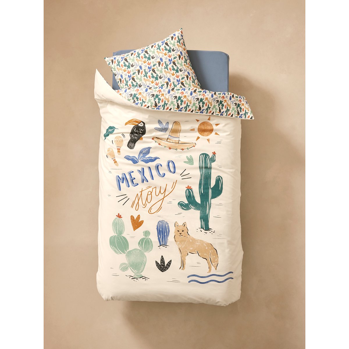 Parure housse de couette + taie d'oreiller MEXICO STORY, avec coton recyclé multicolore, VERTBAUDET