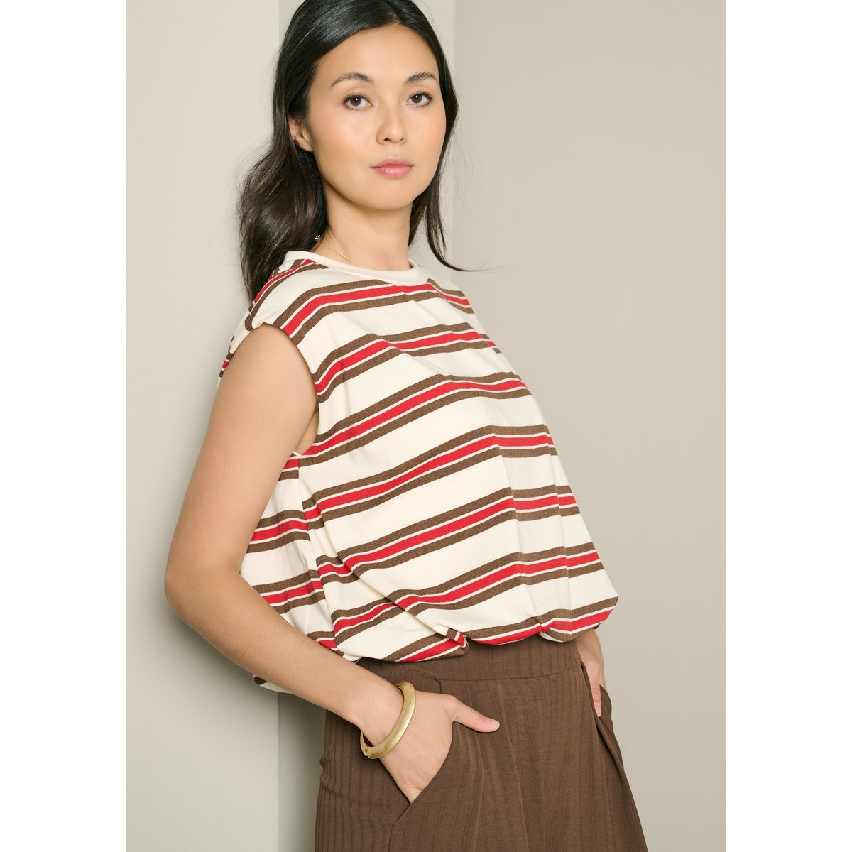 T-shirt rayé sans manches blanc casse, LOLALIZA