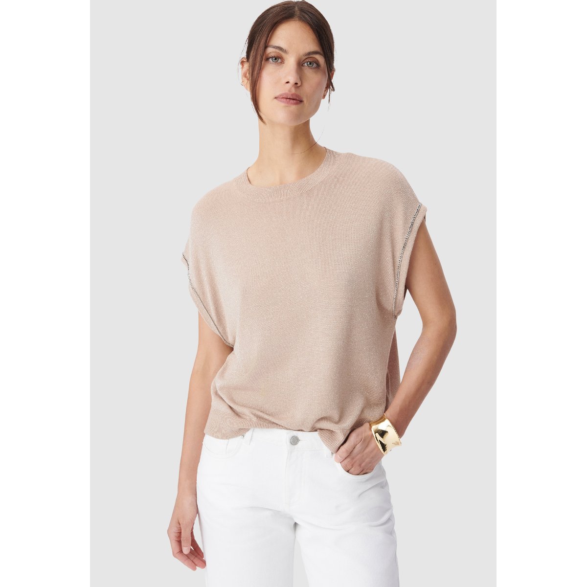Pull sans manches fil textile détails chainettes rose pâle, IKKS