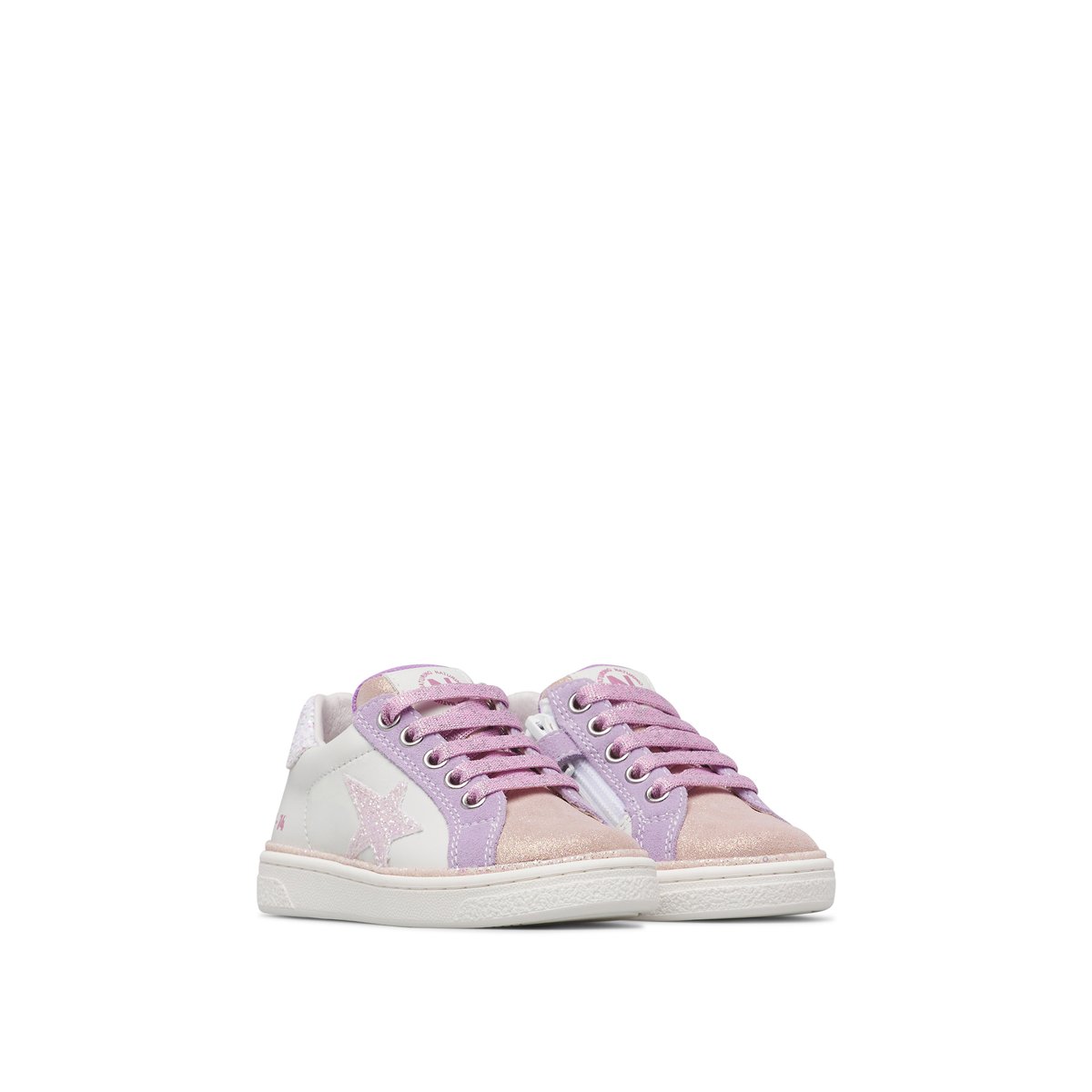 Baskets en cuir et en daim PINN ZIP. blanc-rose, NATURINO