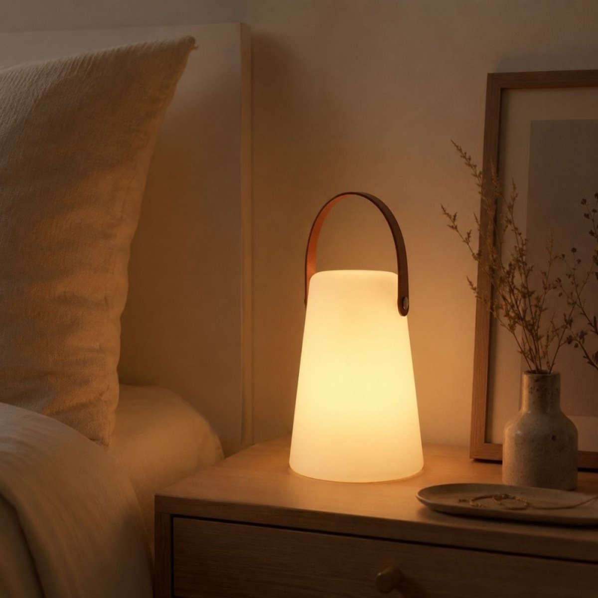 Lanterne led anse effet cuir à piles 20x14cm blanc, ORNAMI