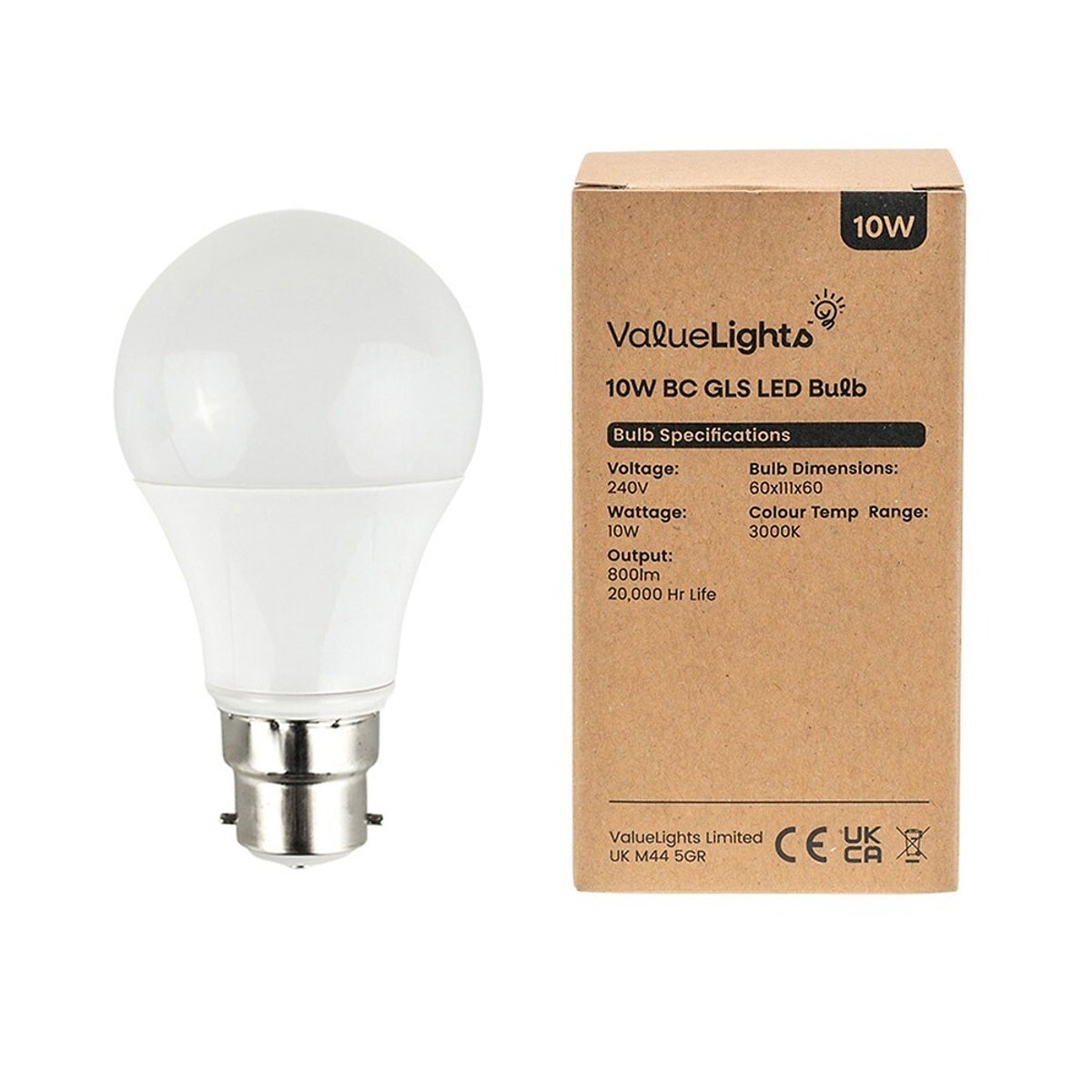 Set of 2 B22 10W LED SMD GLS Bulbs in Warm White transparent white, MINISUN