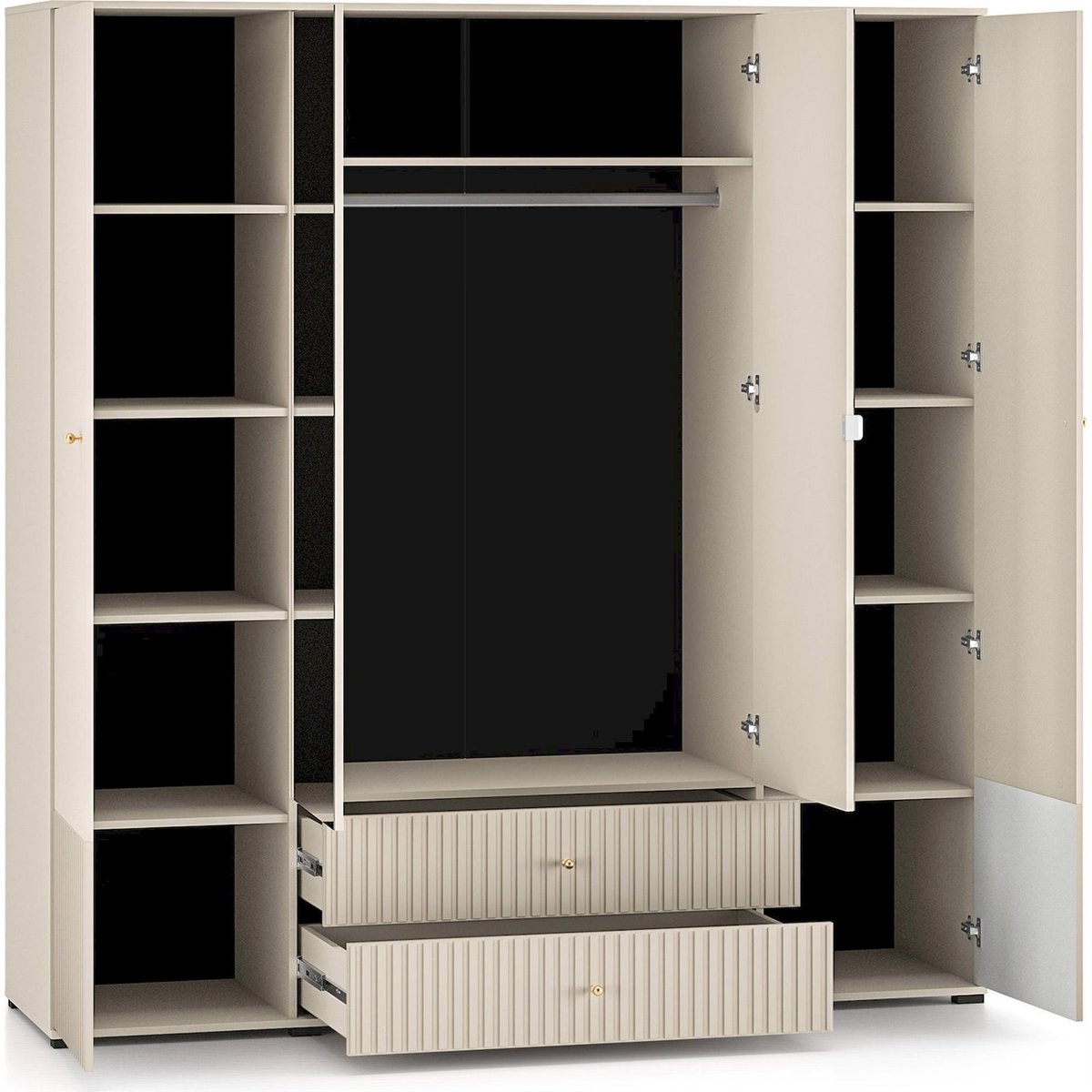 Armoire CALETTO à miroir et portes rainurées cachemire beige avec poignées dorées, RECOLLECTION