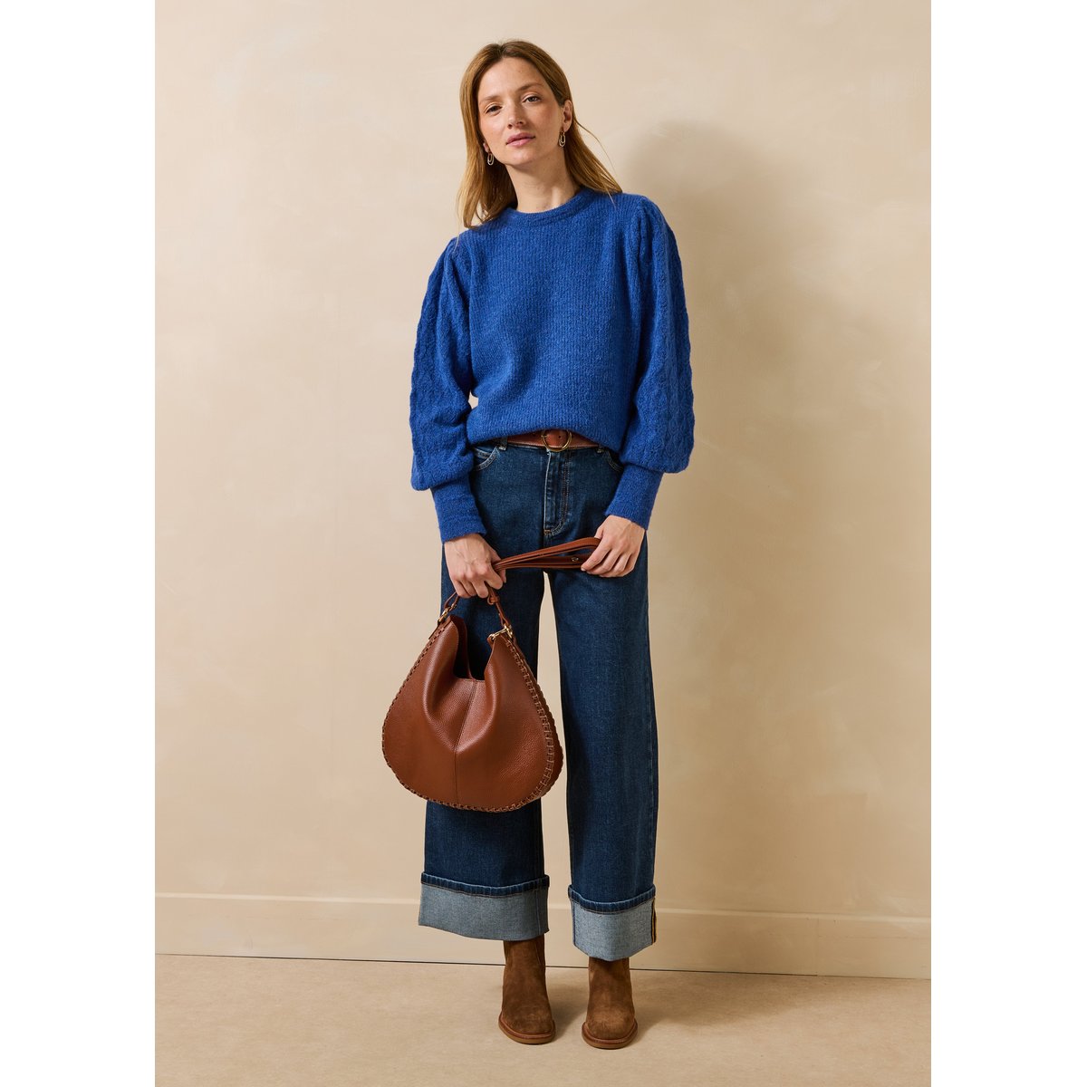 Pull manches longues en maille col rond saphir, LA FEE MARABOUTEE