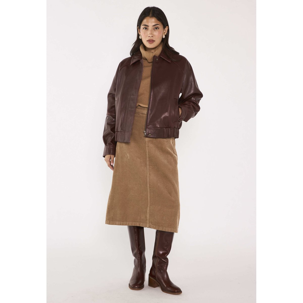 Blouson à manches longuesen cuir BARNABE cannelle, Maison 123