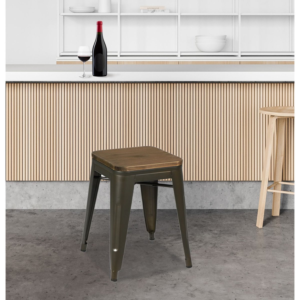 Lot de 4 tabourets en bois et métal design vintage LIV gris foncé, TOILINUX